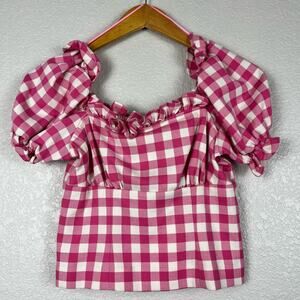 Finders Keepers Womens Small Pink Check Gingham Bodice Puff Sleeve Babydoll Top